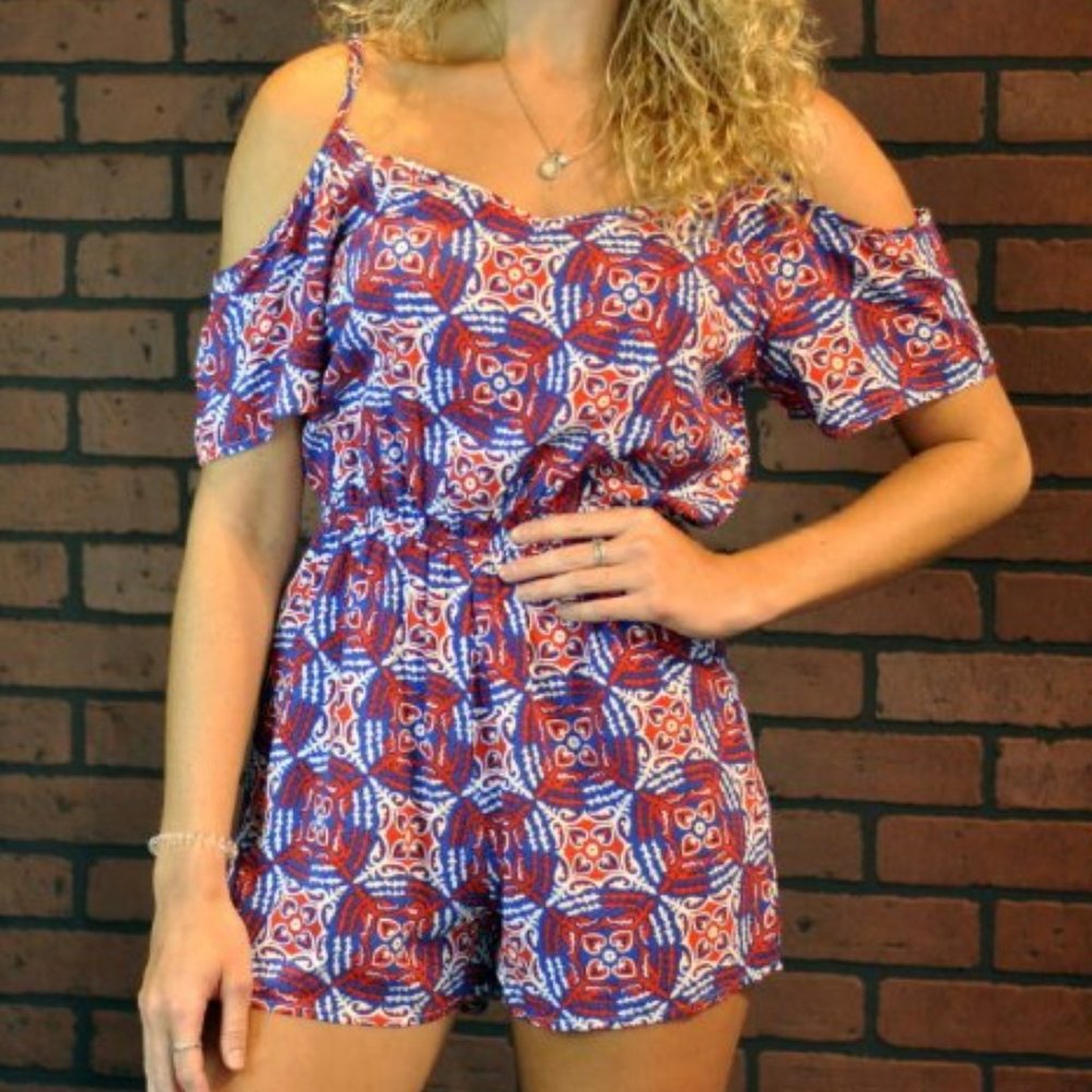 Tatum Cold Shoulder Romper - Orange/Blue